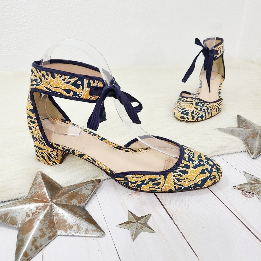 J. Crew Drake Giraffe heels block ankle tie navy mustard yellow Women's size 6.5